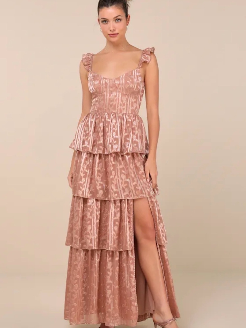 Lulu's Blush Rose Jacquard Tiered Maxi Dress with Ruffle Straps